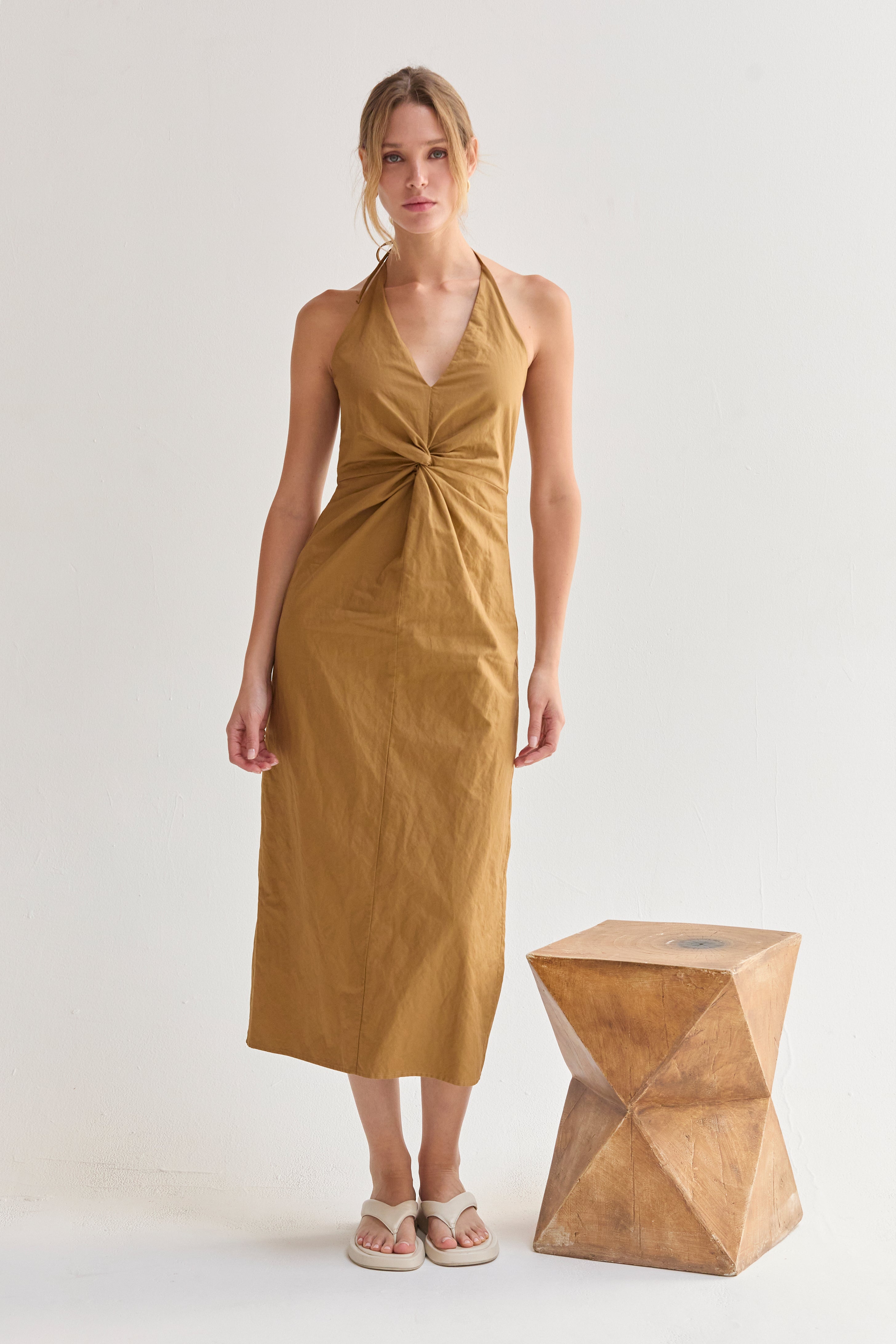 Lyra Crinkled Woven Halter Midi Dress