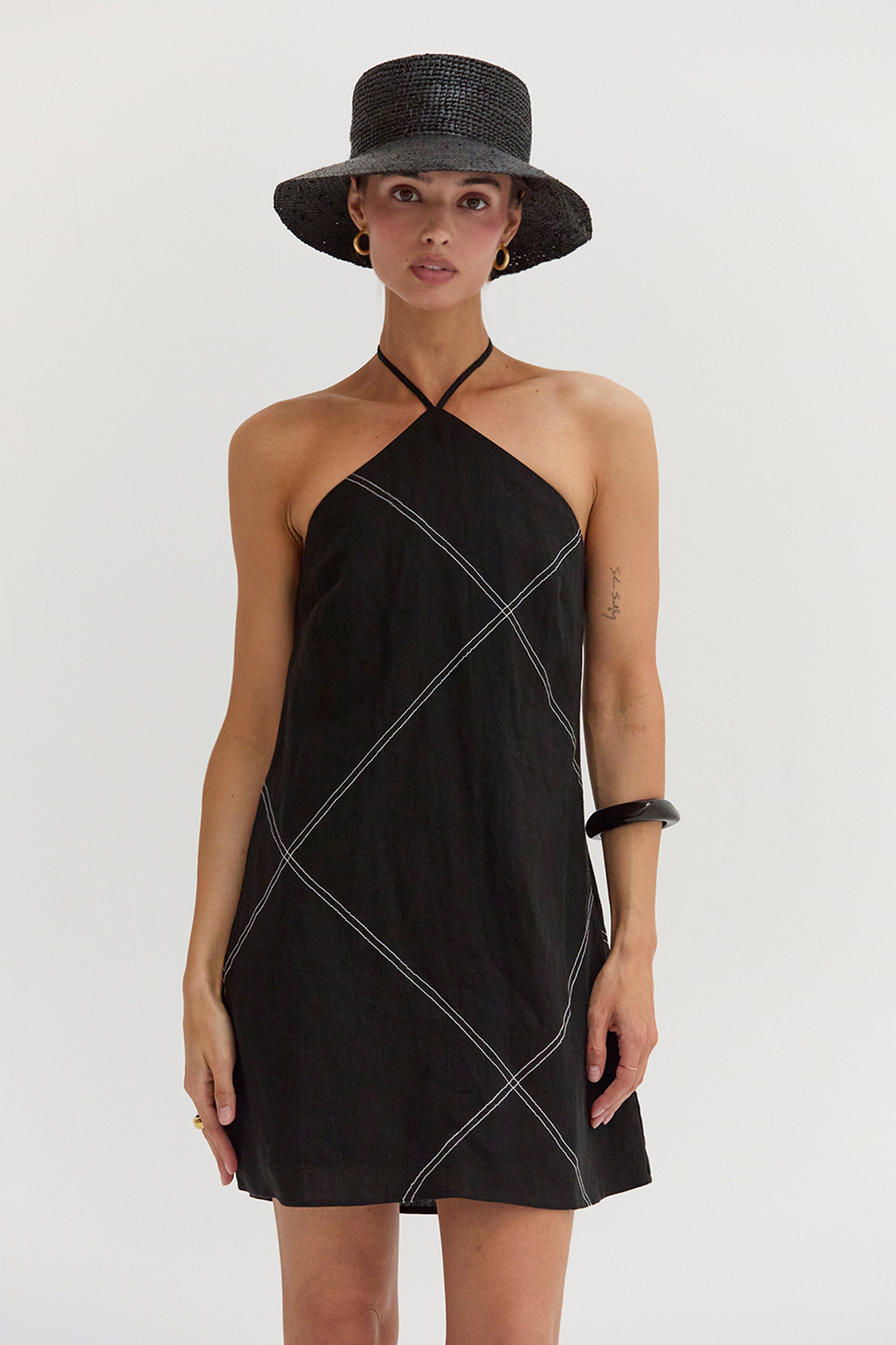 Lena Contrast Stitch Halter Linen Mini Dress