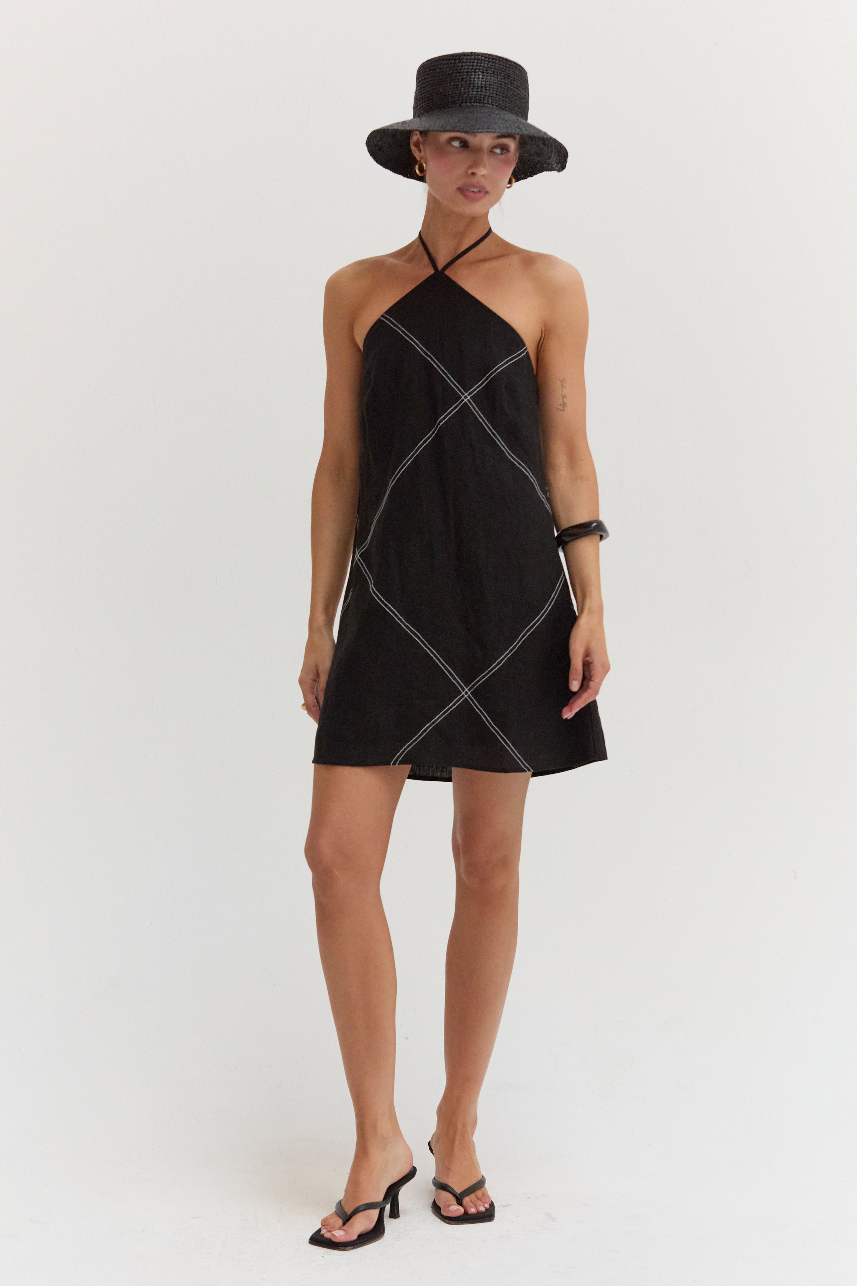 Lena Contrast Stitch Halter Linen Mini Dress