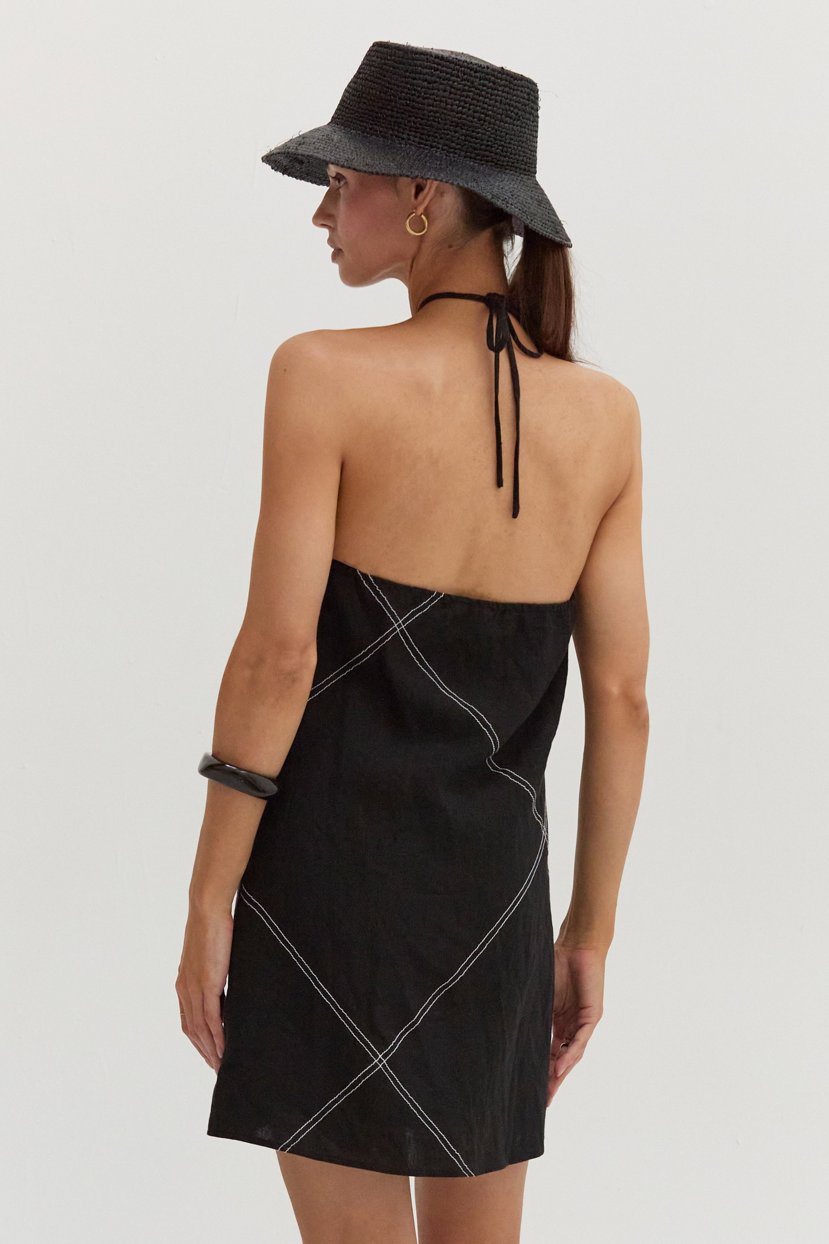 Lena Contrast Stitch Halter Linen Mini Dress