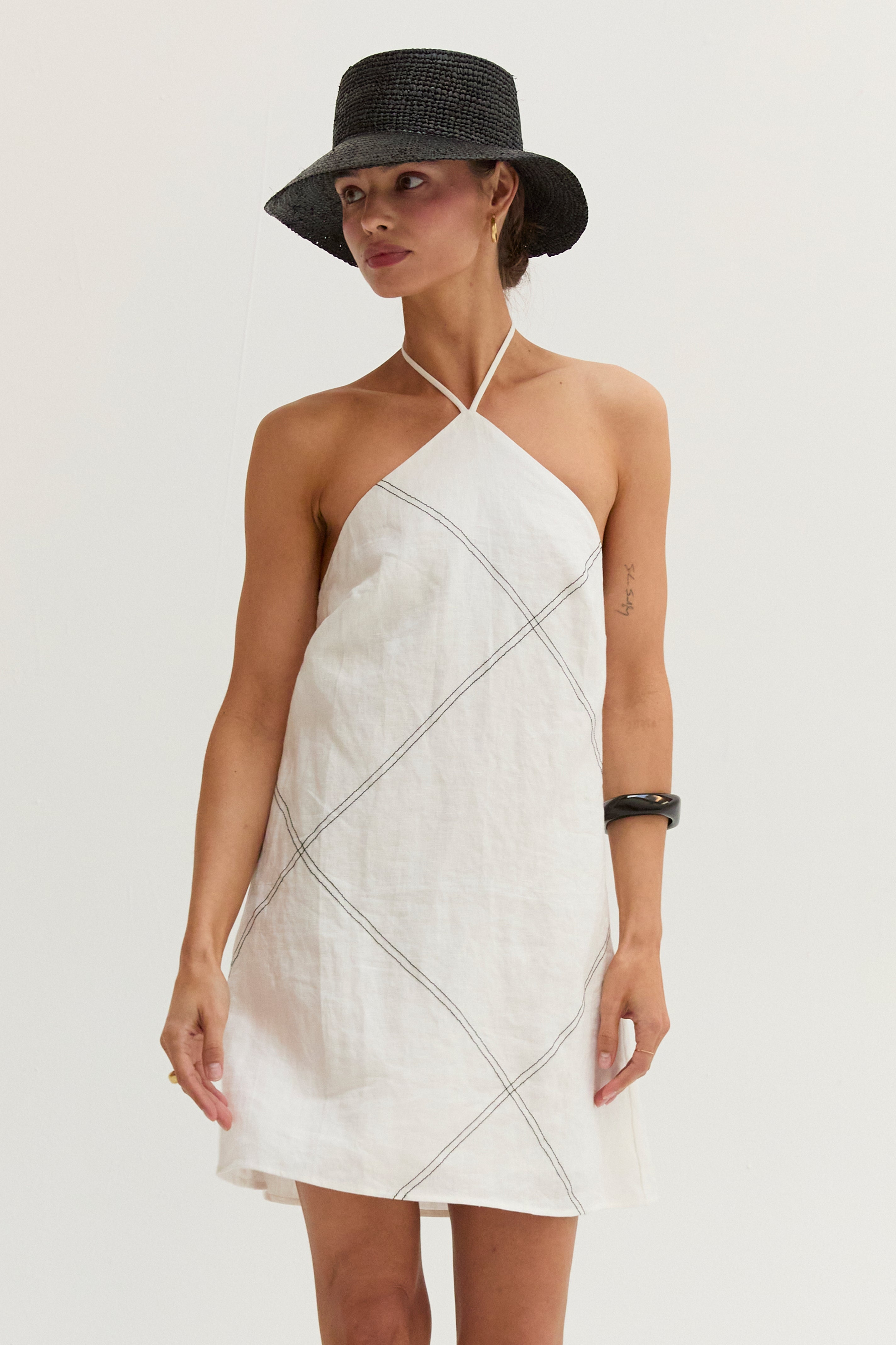 Lena Contrast Stitch Halter Linen Mini Dress