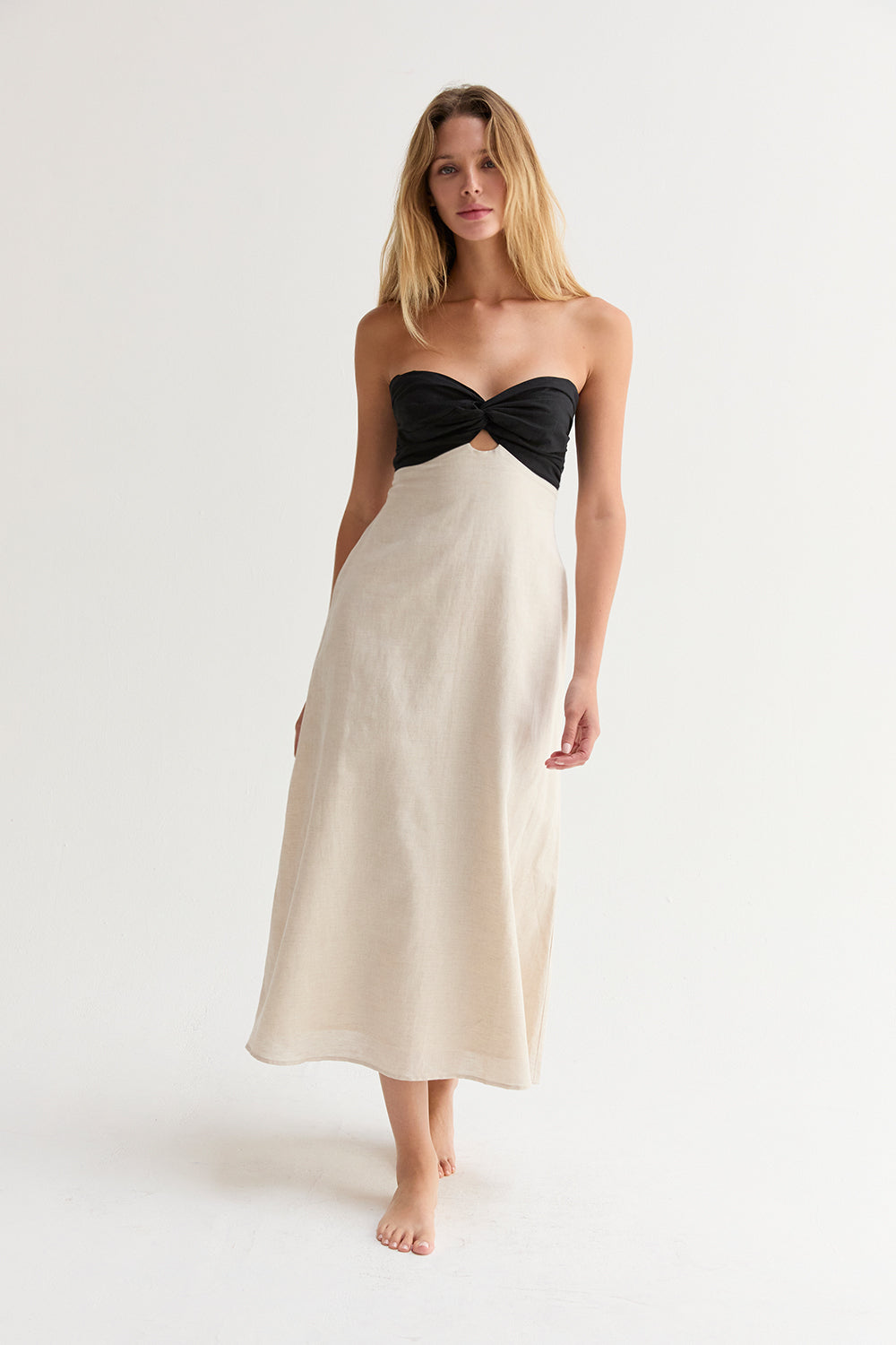 Emery Colorblock Front Twist Linen Midi Dress