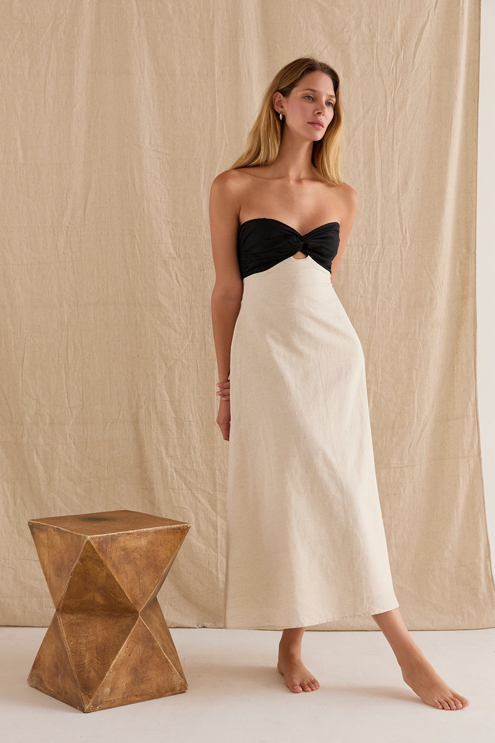 Emery Colorblock Front Twist Linen Midi Dress
